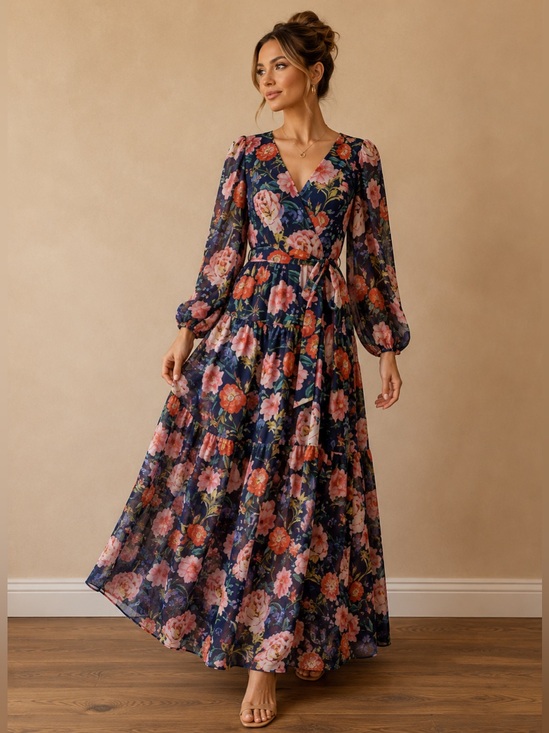 Eliza J Dresses & Skirts - Eliza J Chiffon Chiffon Floral-Print Faux-Wrap Tiered Maxi Dress NEW Size 4 Blue
